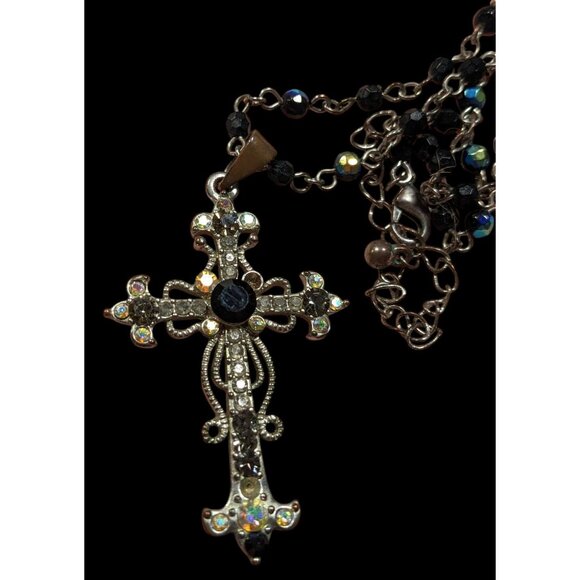 Glam Goth Rhinestone Studded Cross Necklace With Beaded Chain - Picture 1 of 8